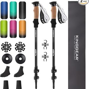 KINGGEAR Nordic Walking Stick, TP1 Hiking Poles Retractable Lightweight 7075 Aluminum, Trekking Poles with Flip Lock, Natural Cork and EVA Grip, 2pc Hiking Gear
